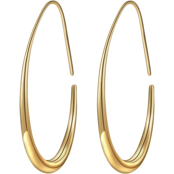 14k Gold Lightweight Teardrop Large Oval Pull Through Hoop Earrings for Women - Picture 1 of 6